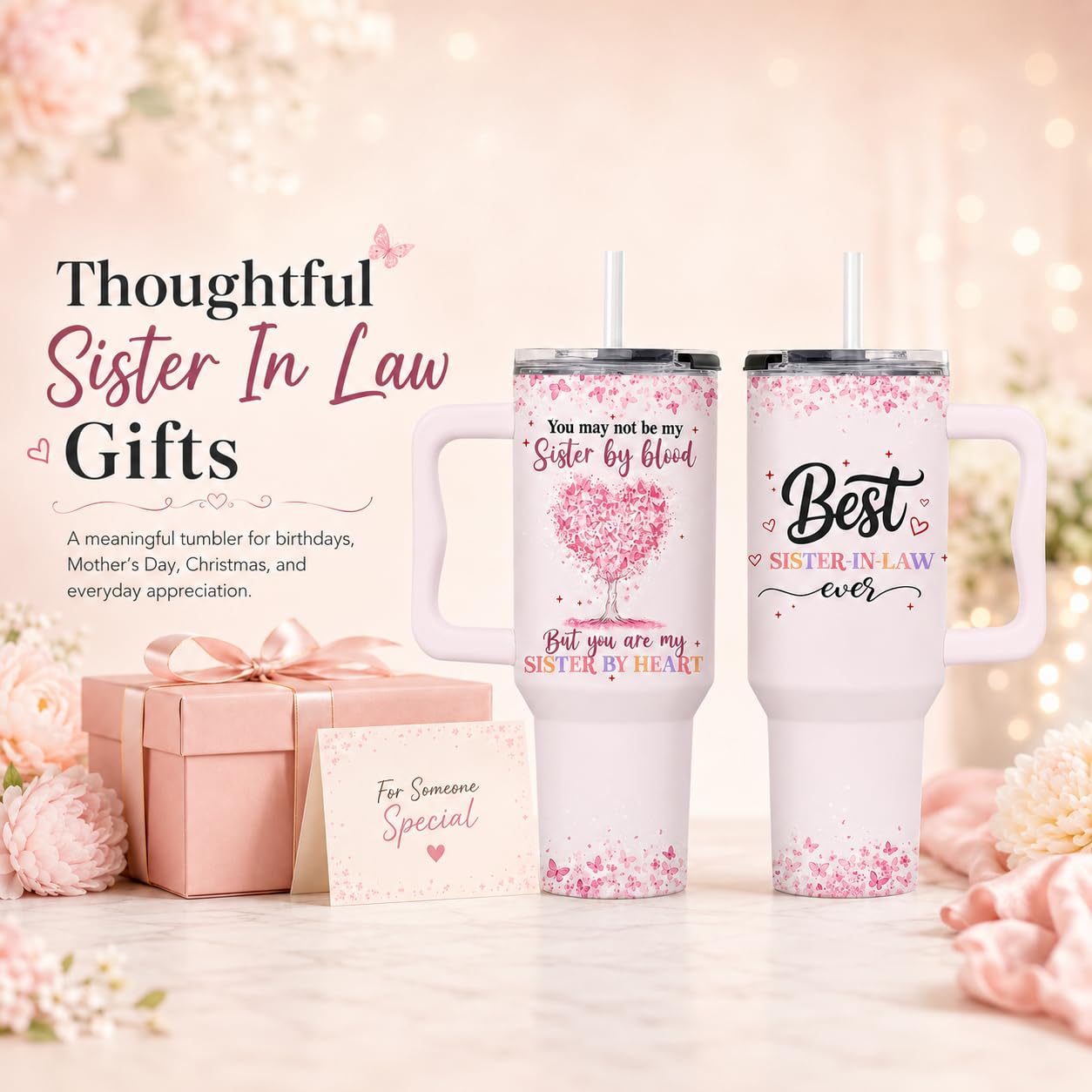Sister in law Gifts, Best Sister-in-law Ever 40oz Tumbler with Handle Lid and Straw, Sisters in-Law Gift from Heart, Sisters in law Birthday Gifts, Christmas Wedding Gift Idea