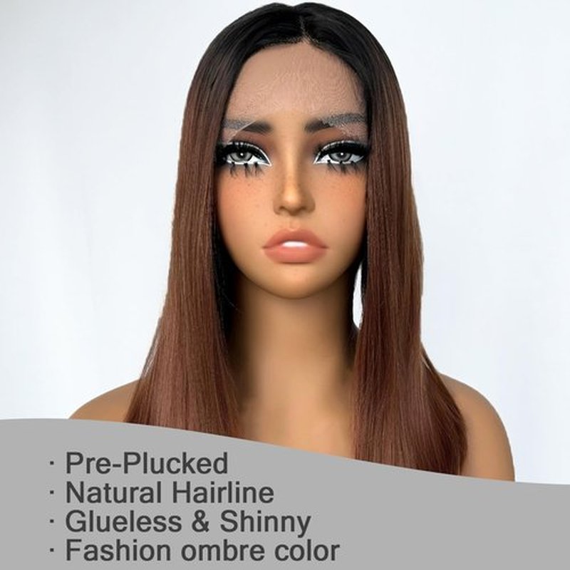 SOKU Ombre Brown Lace Front Wigs With Baby Hair Synthetic Straight Bob Wigs 16 Inch Medium Length Straight Heat Resistant Wigs For Daily Party Use