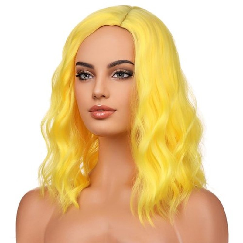 BERON 14 Inches Yellow Wig Short Curly Wig Yellow Bob Wig Charming Women Beach Wave Wigs for Party Wig Cap Include