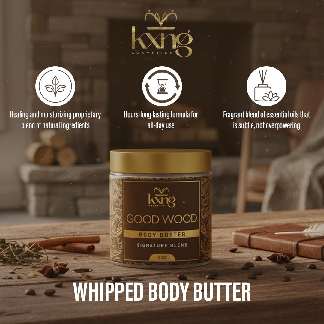 KXNG Cosmetics Organic Shea Body Butter Cream – 4oz | Mens Body Butter for Black Men & Women with Shea, Cocoa, Mango & Coconut Oil | Deep Moisturizing Cream for Dry Skin, Hands & Feet – Good Wood