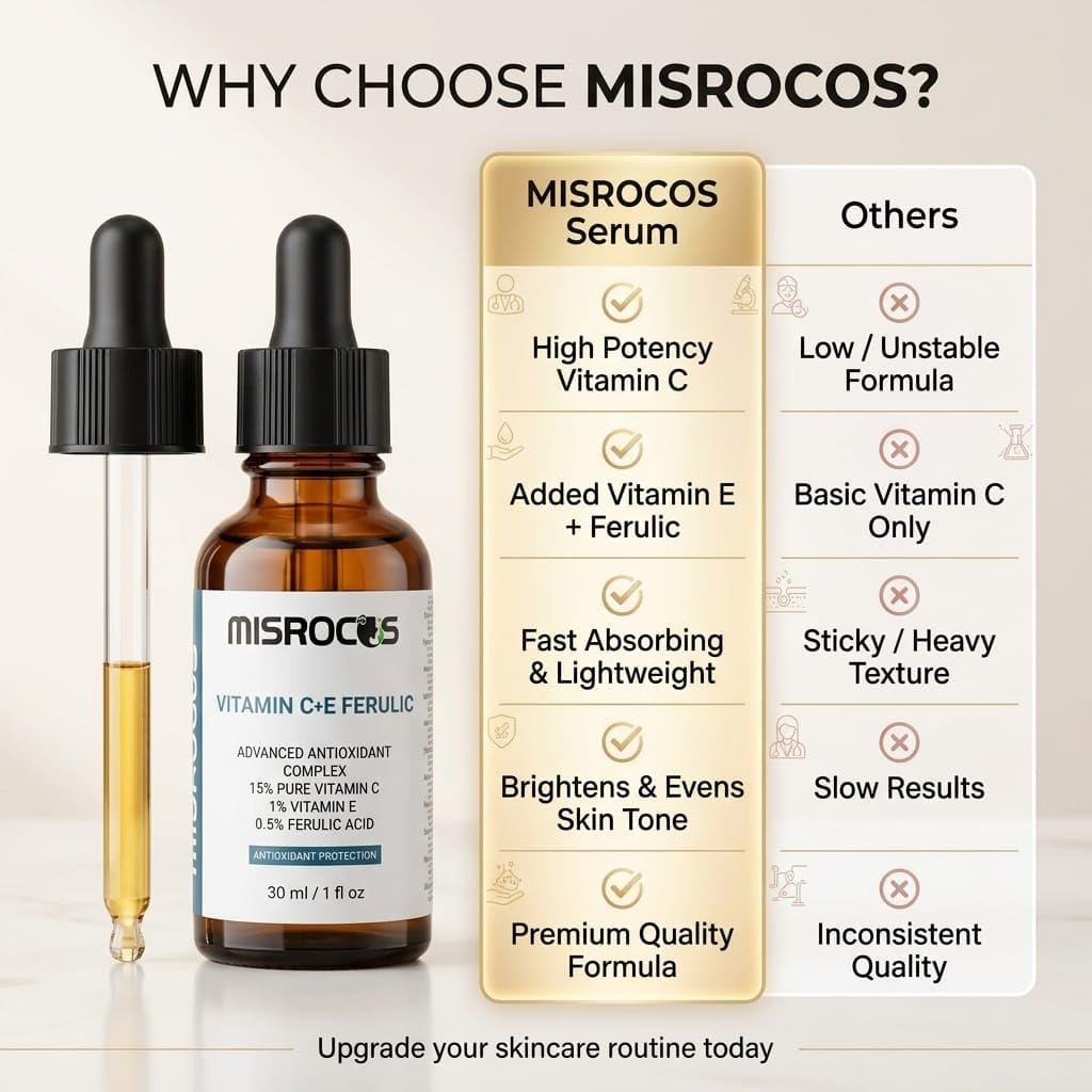 MISROCOS Vitamin C + E Ferulic Acid Serum - 30ml (1 fl oz) | Advanced Antioxidant Complex with 15% Pure Vitamin C | Brightening Face Serum for Fine Lines & Sun Damage (Pack of 1)