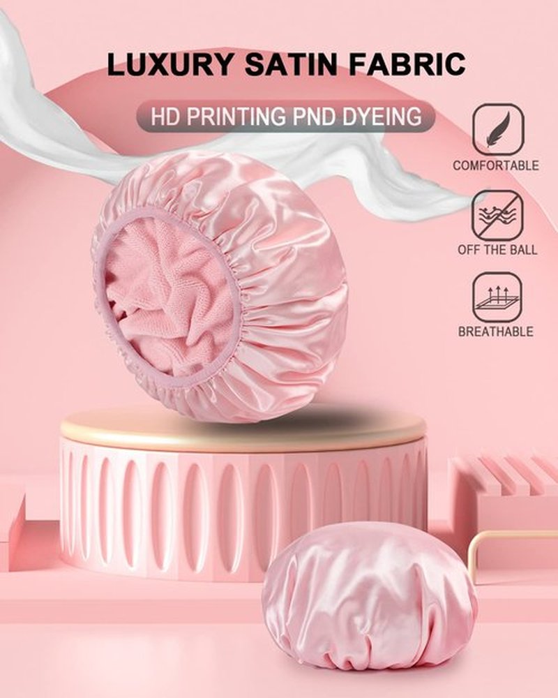 YIZIJIZI Terry Lined Shower Cap,Triple Layer Large Cap for Women,Shower Cap Reusable Waterproof,Long Thick Hair(Pink)