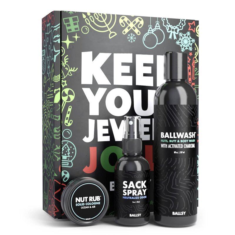 Ballsy Gift Set For Men - Jolly Jewels Pack with Body Wash, Deodorizing Spray & Cologne Rub | Men's Hygiene Essentials