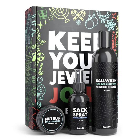 Ballsy Gift Set For Men - Jolly Jewels Pack with Body Wash, Deodorizing Spray & Cologne Rub | Men's Hygiene Essentials