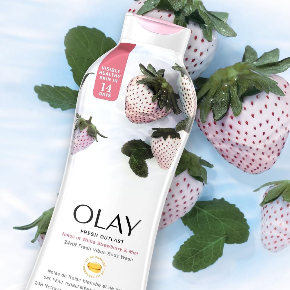 Olay Fresh Radiance Body Wash for Women - Plant-Based Cleansers, Strawberry & Mint, 3.0 fl oz (Pack of 24)