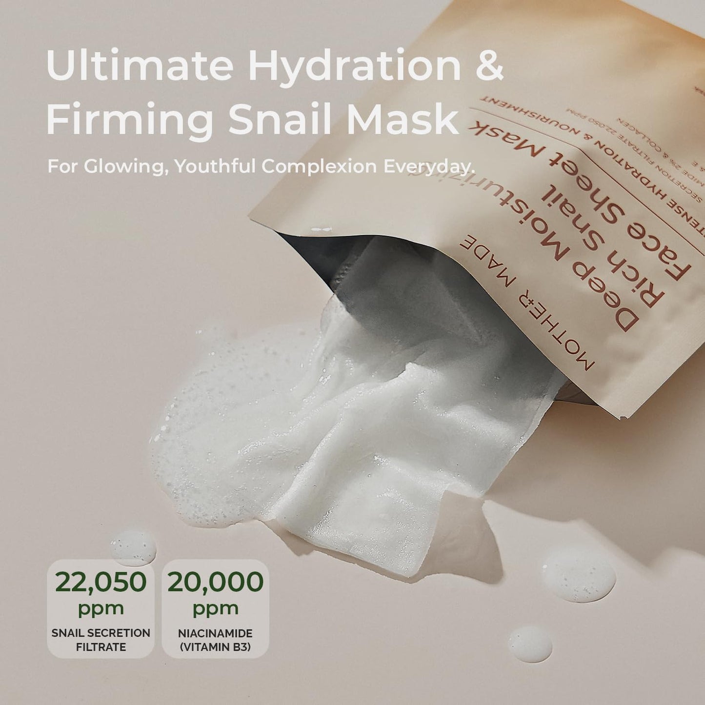 MOTHER MADE Deep Moisturizing Snail Mucin Face Mask 10 Sheets, 22,050ppm Snail Secretion Filtrate, Collagen, 2% Niacinamide, Vitamin C & E, Nourishing Snail Essence, Korean Skincare