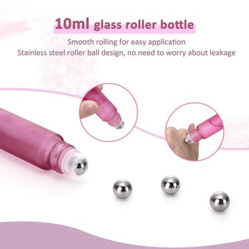 Kesell 10 Pack - 10ml Refillable Frosted Glass Roller Bottles Vials with Stainless Steel Roller Ball and Aluminum Cap - Pink Color