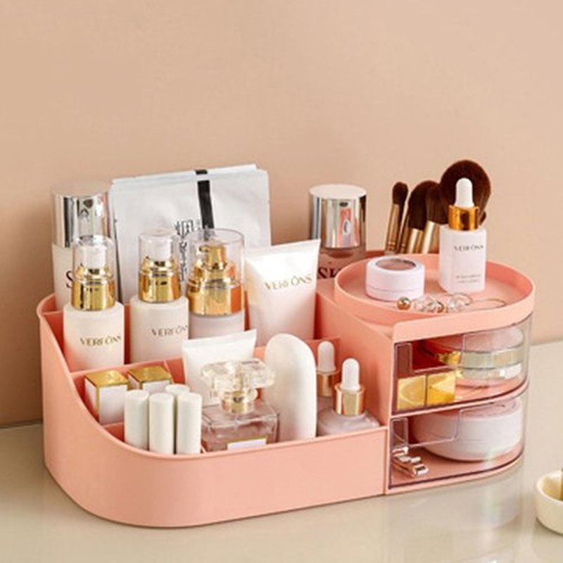 POFUOT skin care organizer,Makeup Desk Organizer With Drawers,Countertop Organizer for Cosmetics,Vanity brush with Holder for Lipstick, Brushes, Eyeshadow, and Desktop Finishing Dresser (D-pink)