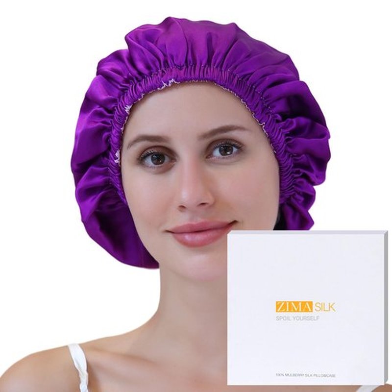 ZIMASILK 100% Mulberry Silk Bonnet for Sleeping Women Long Hair Double Layer Silk Hair Wrap with Adjustable Band Natural Silk Bonnet for Hair Care Stay On Head (1Pc, Purple)