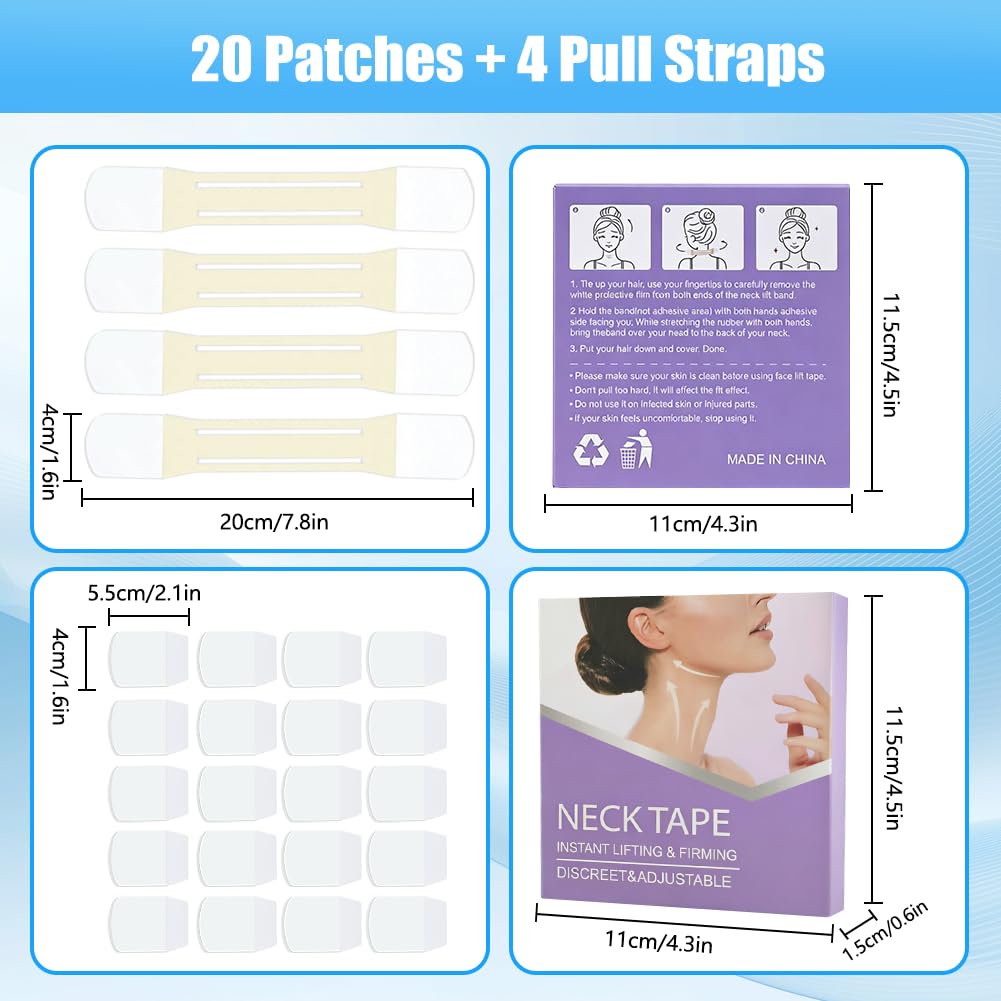 Neck Lift Tape Invisible Behind Neck – 20 PCS+4 Strips, Reusable Durable Waterproof Neck Wrinkle Patches, Invisible Lifting Neck Strips for Double Chin, Jowls & Wrinkles, Instant Face & Neck Lift