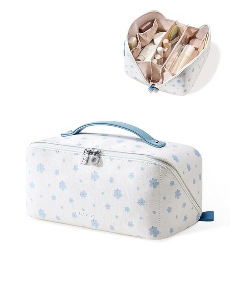 EACHY Travel Makeup Bag,Large Capacity Cosmetic Bags for Women,Waterproof Portable Pouch Open Flat Toiletry Bag Pattern Makeup Bag (C-Blue-Large)