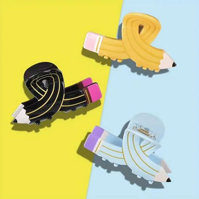 YUEELI Hair Clips for Women and Girls, 3 Pieces Pencil Hair Claw Clips Back To School Hair Clips Funny Hair Jaw Barrettes for Women Thin Thick Curly Hair (Pink Blue Yellow)