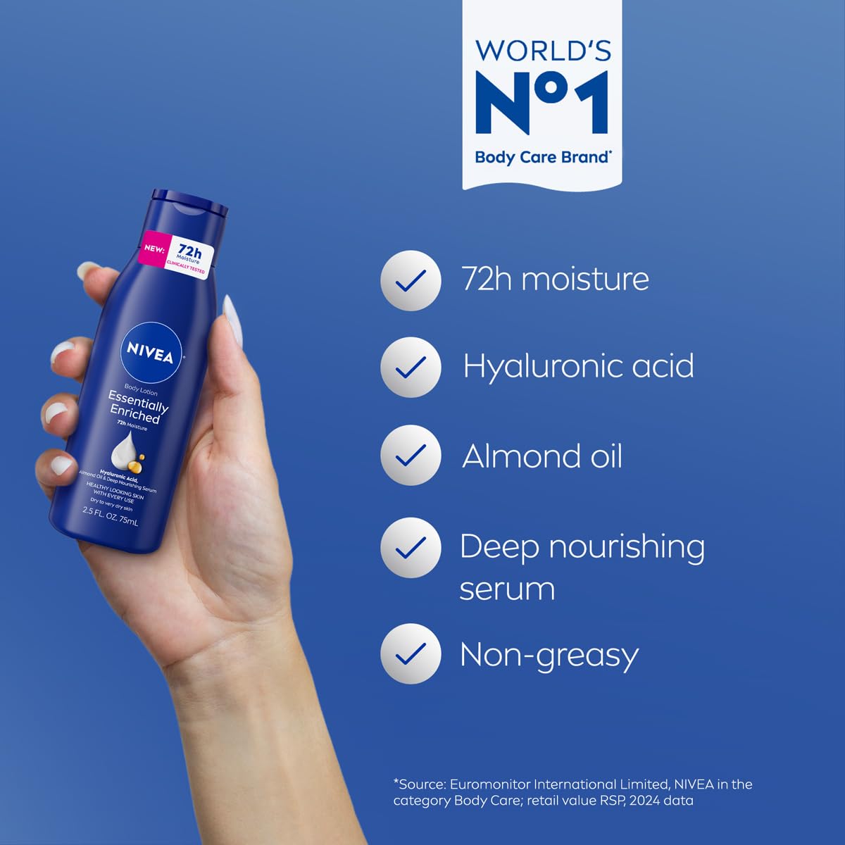 NIVEA Essentially Enriched Body Lotion for Very Dry Skin with Hyaluronic Acid, Almond Oil and Deep Nourishing Serum, 72-Hour Body Moisturizer, 2.5 Fl Oz Bottle