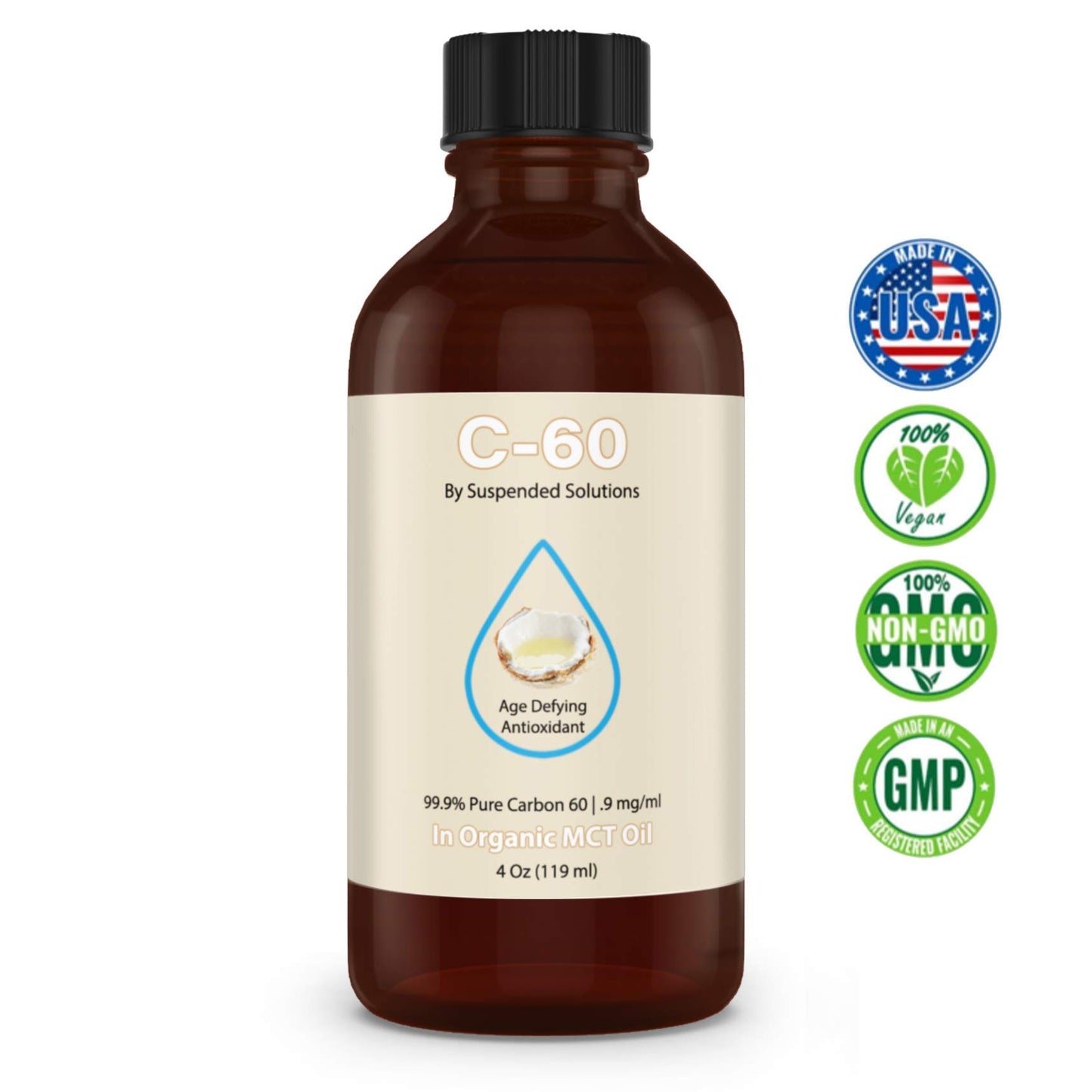 Suspended Solutions Carbon 60 C60 in MCT Oil – 4oz Glass Bottle, 108mg Pure C60, 99.9% Solvent Free, Organic Extra Virgin MCT, Antioxidant Supplement
