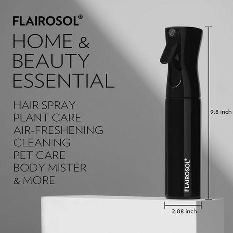 FLAIROSOL Spray Bottle for Hair, Continuous Spray Bottle with 0.3MM Ultra Fine Mist, Water Mister Spray Bottle for Hairstyling, Cleaning, Plants, Pets, 10.1oz/300ml, Black Bottle, White Print