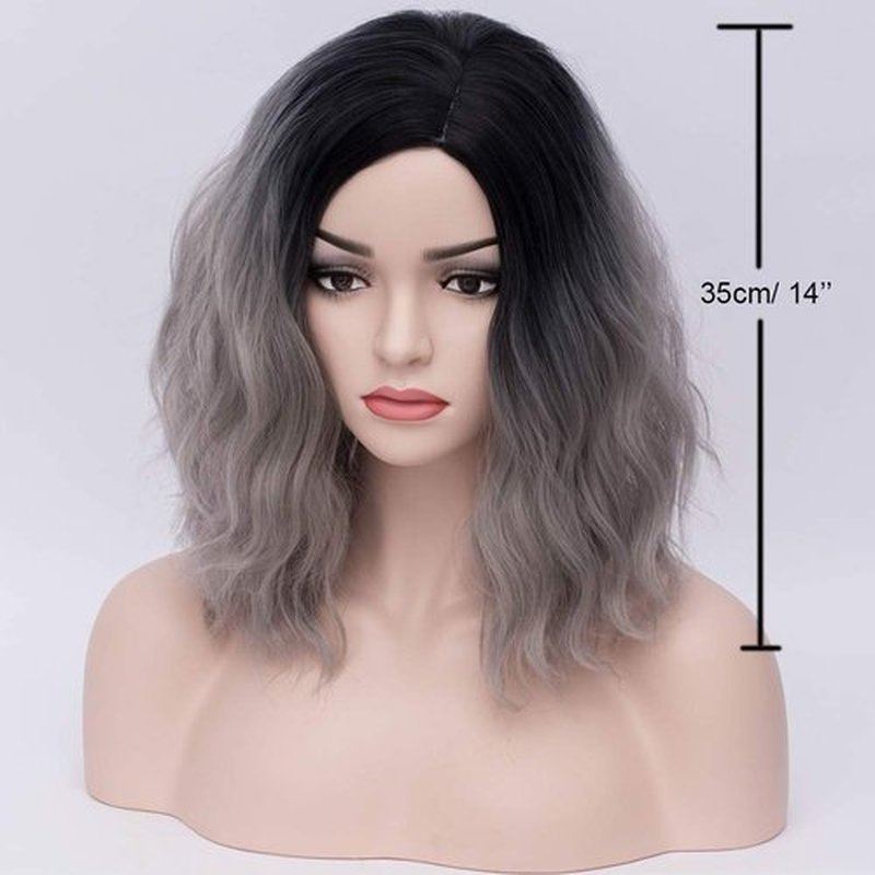 BERON 14" Women Girls Short Curly Bob Wavy Wig Body Wave Halloween Cosplay Daily Party Wigs (Black to Silver Grey)