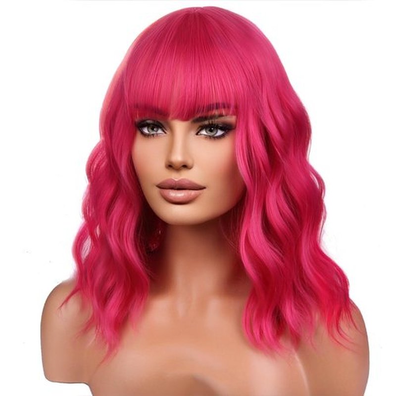 BERON 14 Inches Hot Pink Wig Short Curly Wig Women Girl's Synthetic Wig Rose Red Wig with Bangs Wig Cap Included