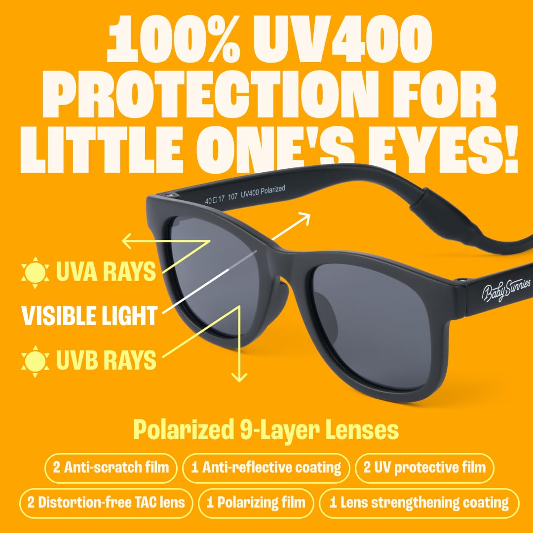 BABY SUNNIES Polarized Infant Sunglasses - 0-24 Months, Black Frame, Strap - UV400 Protection & Baby Travel Essential - Unbreakable Design for Baby Beach Essentials