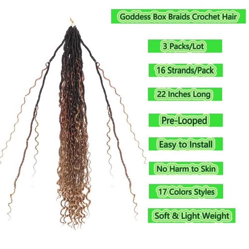 BALINGHAIR Goddess Locs Crochet Hair Ombre Black to Brown to Light Brown 22 Inch 3 Packs Bohemian Faux Locs Crochet Hair With Curly Ends Pre Looped Hair Extensions 16 Roots/Pack(1B/30/27)