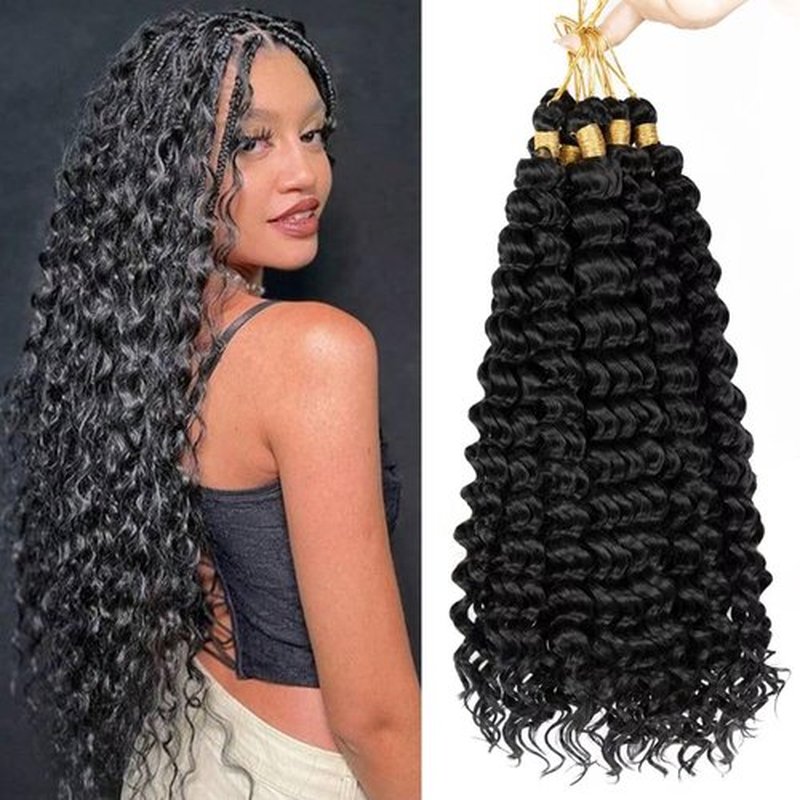 Deep Wave Crochet Hair 18 Inch 6 packs Long Curly Braiding Hair Extensions Ocean Wave Crochet Hair For Black Women Synthetic Ocean Wave Curly Crochet Hair For Boho Box Braids (1B, 18Inch, 6pack)