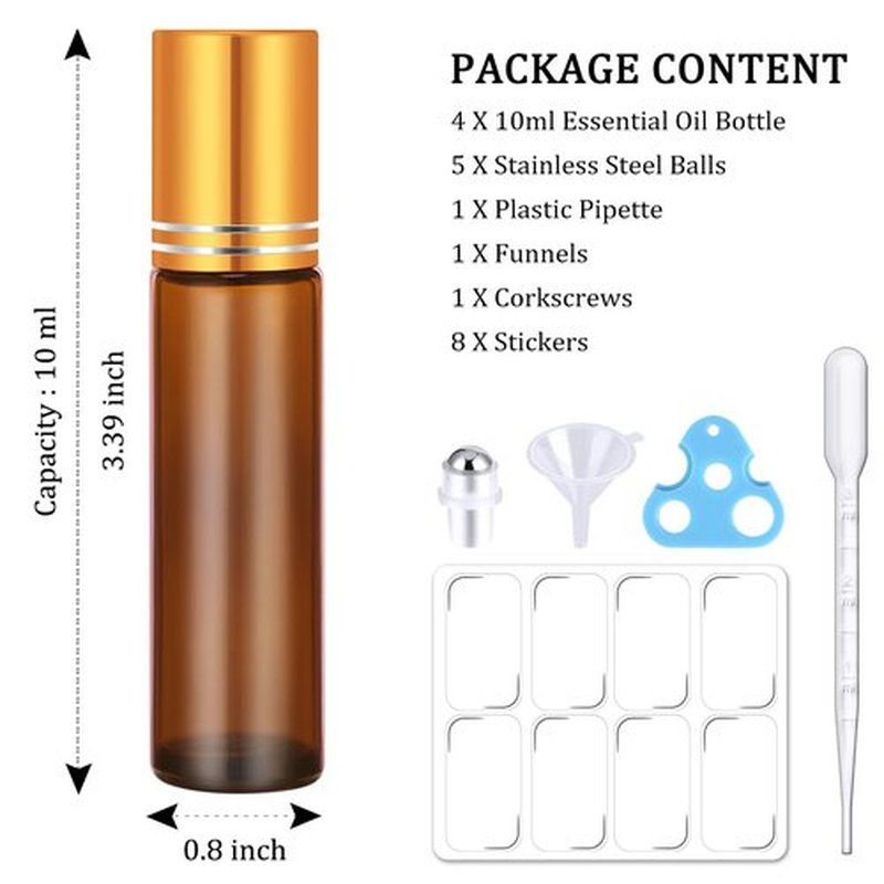 4 Pack, Essential Oil Roller Bottles, Amber Glass Roller Balls for Essential Oils, 10ml Empty Rollerball Bottles for Travel Refillable Roll on Perfume Bottles with Caps