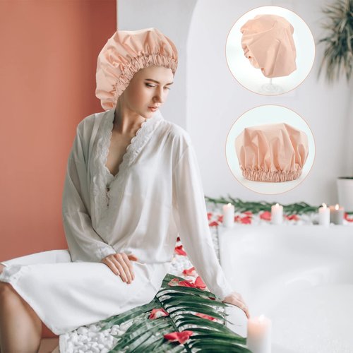 Reusable Shower Cap for Women, Large Waterproof Shower Bonnet Washable Elastic Band Bath Hair Hat for Long Hair, Braids(Orange)