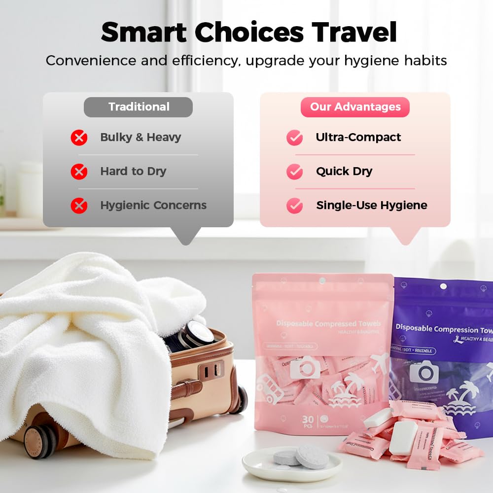 Compressed Towels, Disposable Face Towel, Compressed Towel Tablets, Portable Cotton Coin Tissues, Soft Thick Expandable Towels for Travel, Camping, Home, Outdoor, Gym, Makeup Removal (30, Pink)