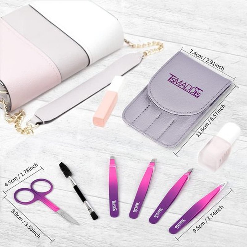 Eyebrow Tweezer Set, TsMADDTs 6 Pcs Tweezers Set for Women, Precision Tweezer for Eyebrows with Curved Scissors for Ingrown Hair, Hair Plucking Daily Beauty Tools (Pink&Purple)