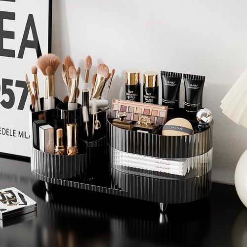 Rotating Makeup Organizer for Vanity with Brush Holder and Drawer, 3 Layer Cosmetic Makeup Storage, Large Makeup Skincare Organizer, Countertop Makeup Perfume Organizer, Lotions Display Case (Brown)