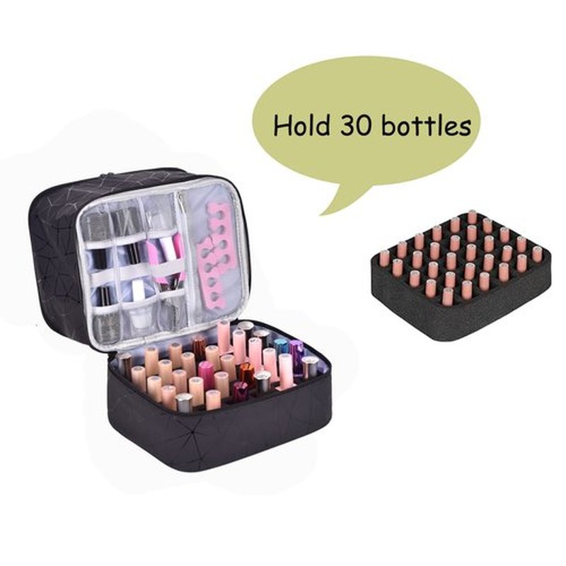 Quoyiyo Nail Polish Organizer Bag Nail Polish Organizer Bag,Double-Layer Nail Polish Storage and Nail Dryer Case,Holds 30 Bottles (15 ml) (Black)