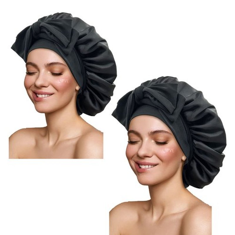 Satin Bonnet Silk Bonnet Hair Bonnet for Sleeping Large Bonnets with Tie Band Hair Wrap with Adjustable Straps Hair Cap Night Sleep Caps for Women Curly Braid Hair(Black,Black)
