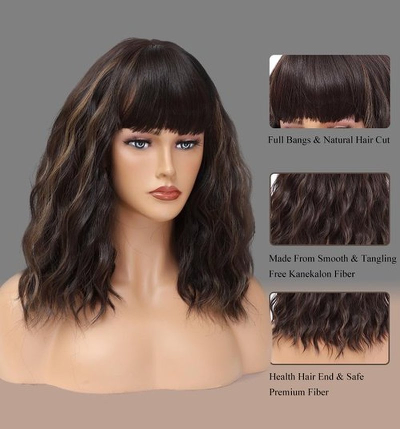 Short Brown Wavy Wigs with Bangs 14Inch Blonde Highlight Curly Bob Wig for Women Shoulder Length Natural Looking Hair Replacement Wig for Daily Party Use Cosplay Costume Halloween Wig
