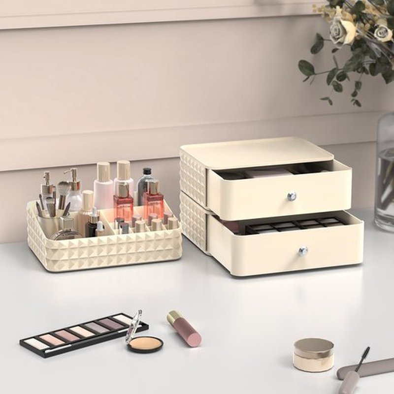 Rosoenvi Makeup Organizer for Vanity, Stackable Cosmetics Organizer and Storage, Cosmetic Display Cases with 2 Drawers and 1 Tray for Makeup Brush, Hair Accessories, Lipstick and Jewelry, Beige