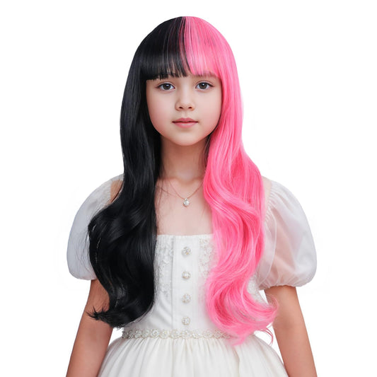 Edivd Kids Half Pink and Half Black Wig Long Pink Mixed Black Wig with Flat Bangs for Girls Long Wavy Curly Black and Pink Wig for Children Heat Resistant Synthetic Wig with Wig Cap