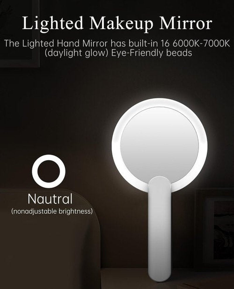 FASCINATE Handheld Mirror with Lights, 1X 10X Double Sided Magnifying Mirror with Swivel Handle, Perfect for Travel, Compact, Pocket, Purse, Folding, USB Charging （with Flannel Bag）