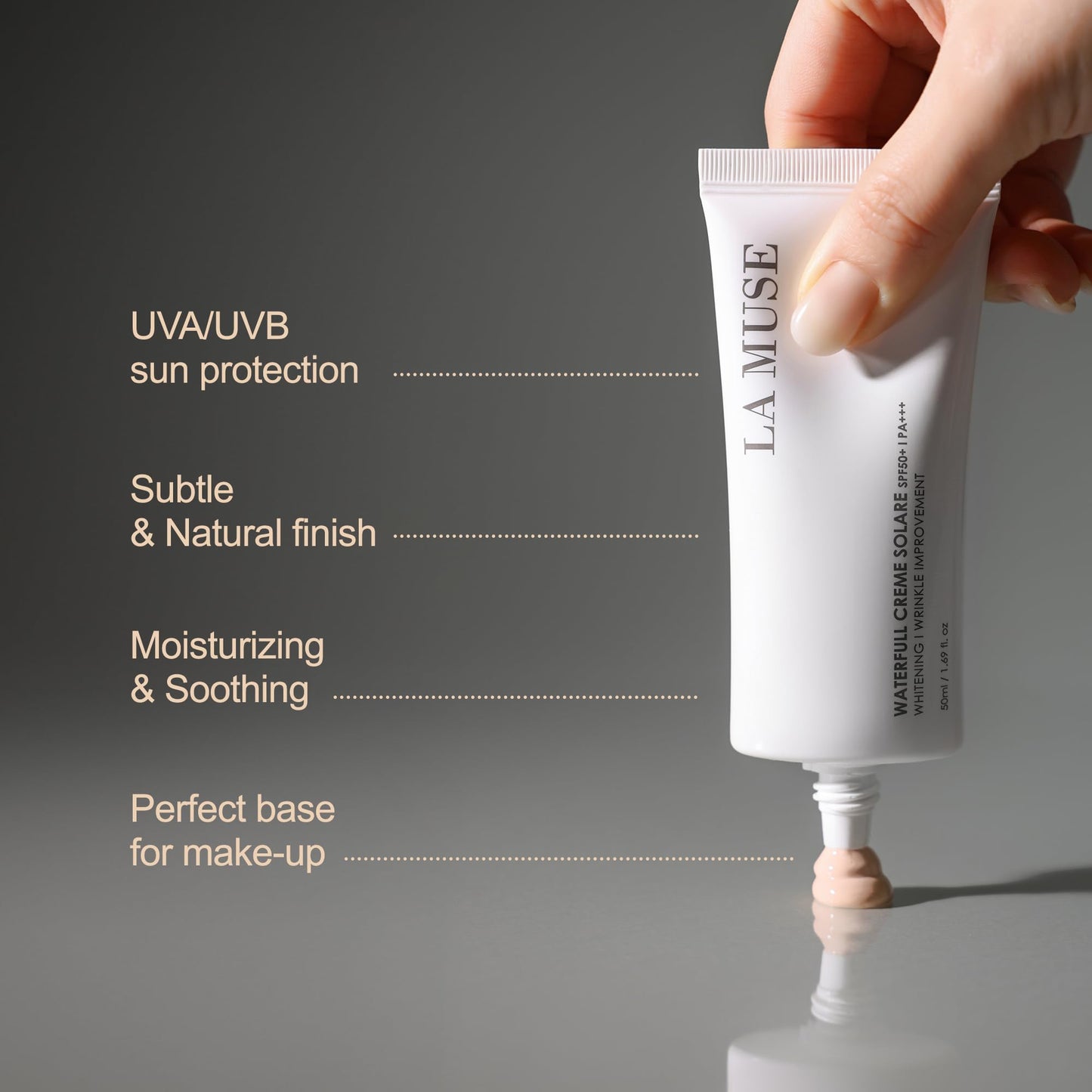 LA MUSE Waterfull Crème Solare 1.69 fl oz - Natural Tone-Up & Hydrating Glow | Non-Greasy Formula for All Skin Tones | Moisturizes, and Protects Skin with a Dewy, Radiant Finish for a Fresh Look