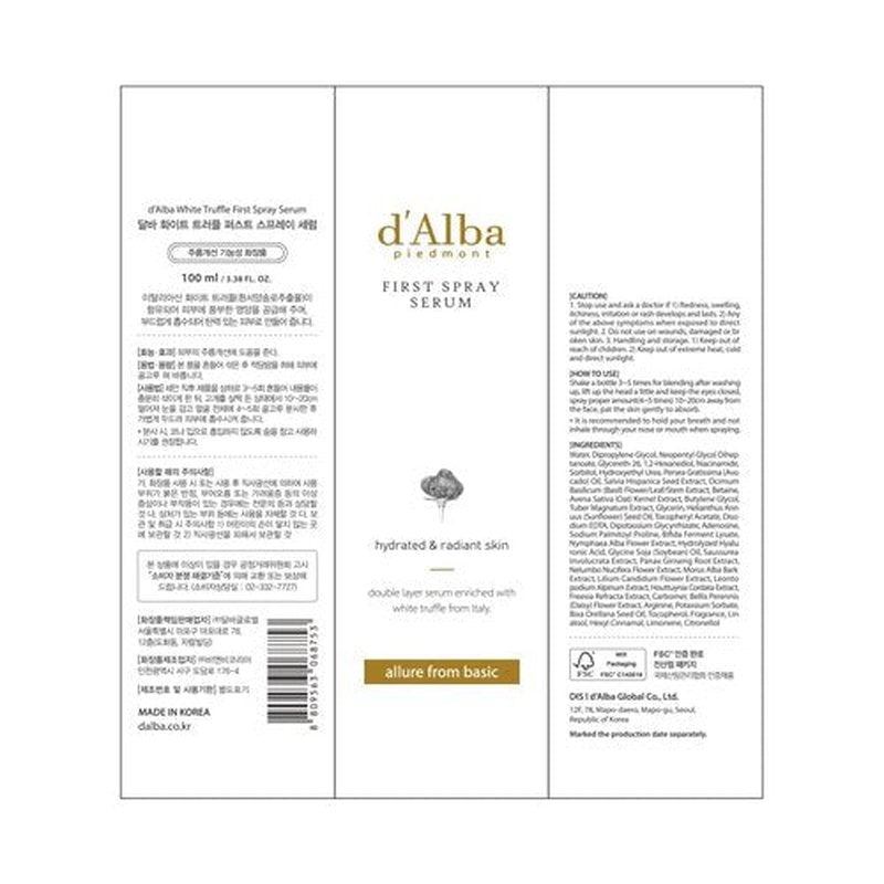 d'alba Piedmont Italian White Truffle First Spray Serum, Vegan Skin Care, Light-weight Face Moisturizer, Glow Serum for Radiant Skin, Non Comedogenic, All In One Mist, Korean Skin Care (3.38 fl oz.)