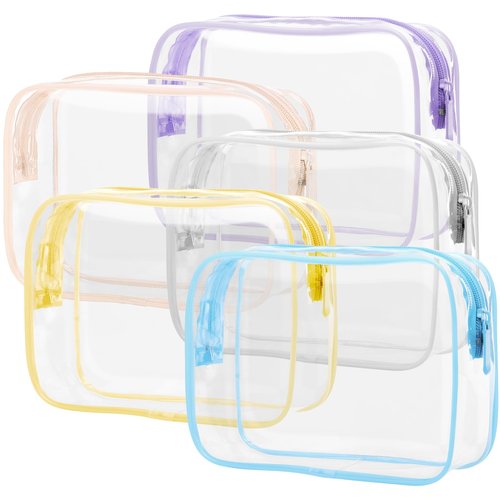PACKISM Clear Toiletry Bag, 5 Pack TSA Approved Toiletry Bag Quart Size Bag, Travel Makeup Cosmetic Bag for Women Men, Carry on Airport Airline Compliant Bag, White, Yellow, Blue, Purple, Pink…