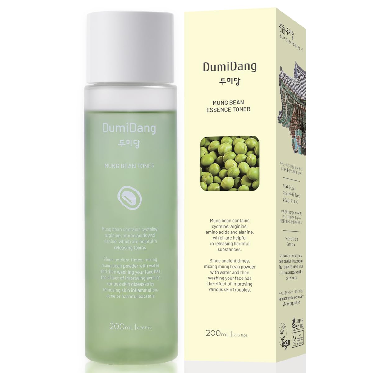 DumiDang Mung Bean Essence Toner - Korean Traditional Vegan Skincare Formula, Hydrating and Detoxifying with Fermented Mung Bean Extract and 8 Bean Complex, 200mL | 6.75fl. oz., Green