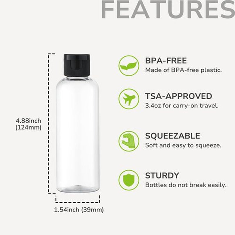 LISAPACK 3.4 oz Travel Bottles for Toiletries, 5pcs Travel Containers for Shampoo Tsa Approved, Plastic Empty Travel Size Bottles (100ml, Clear)