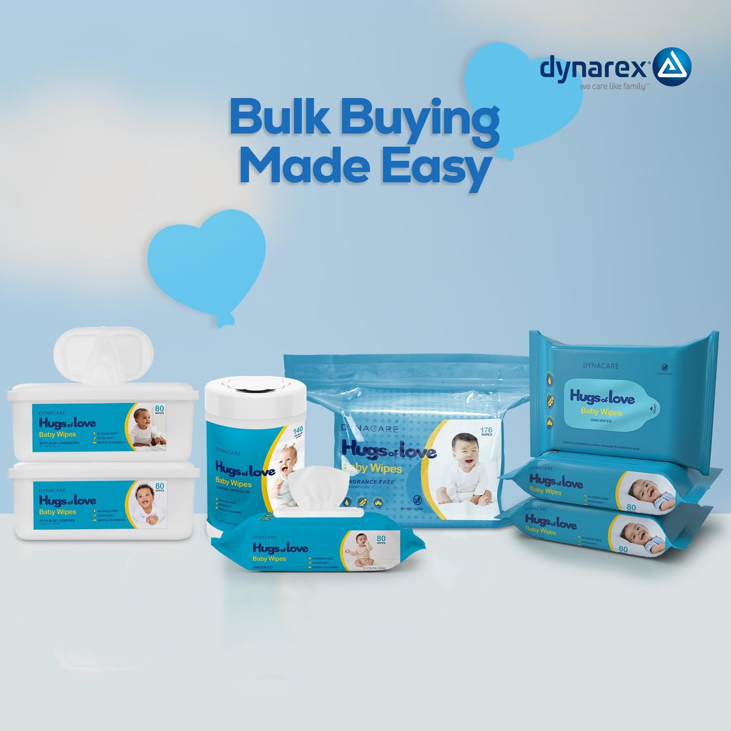 Dynarex DynaCare Hugs of Love Baby Wipes - Scented - Large - Alcohol-Free Wipes with Aloe & Lanolin, Safe for Sensitive Skin - 80 Wipes per Tub