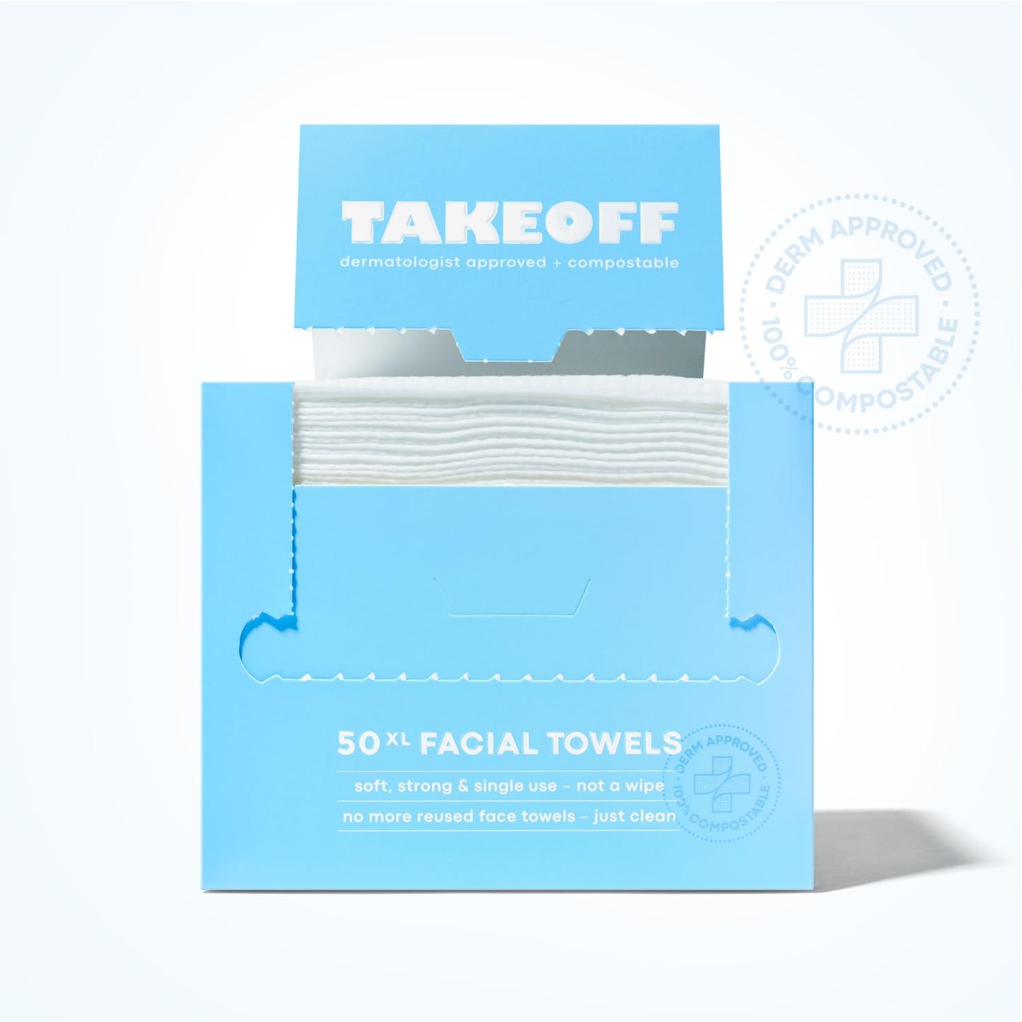 Takeoff Face Towels, 10"×12" XL Face Disposable + Compostable, Ultra Soft Makeup Remover Dry Wipes, Thick Face Towel w/Dual Texture For All Skin Types incl. Sensitive, 50 Count x 2 Pack (100 total)