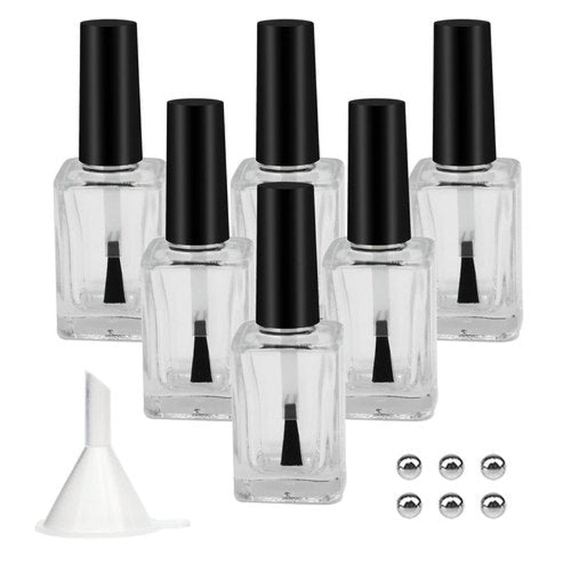 Agidea 6PCS Empty Nail Polish Bottles with Funnel, Empty Fingernail Polish Bottles Glass Rectangle with Brush & Mixing Balls Black (15ML)