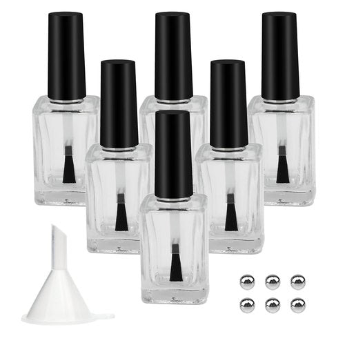 Agidea 6PCS Empty Nail Polish Bottles with Funnel, Empty Fingernail Polish Bottles Glass Rectangle with Brush & Mixing Balls Black (15ML)