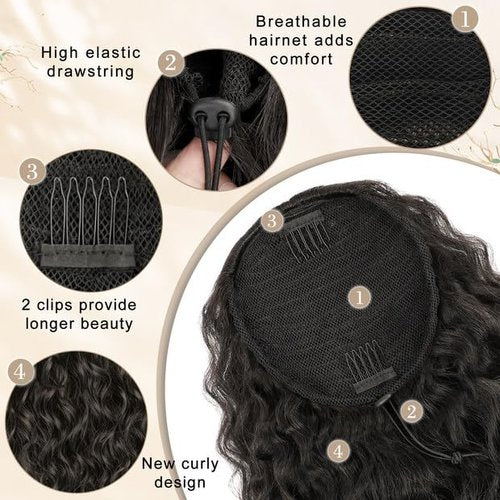 SHNMIN Ponytail Extension, Curly Drawstring Ponytail Extension for Women 18 Inch Curly Wavy Ponytail Yaki Textured Natural Fluffy Synthetic Hairpiece for Daily Use