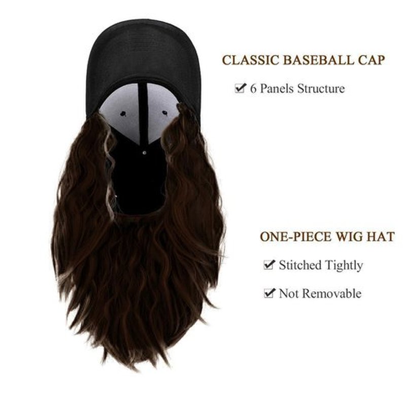 CATTREES Black Baseball Cap with Hair Extensions Adjustable Hat 14 ''Short Wavy Curly Synthetic Hair Wigs for Women Girls. (US, Alpha, One Size, DARK BROWN)