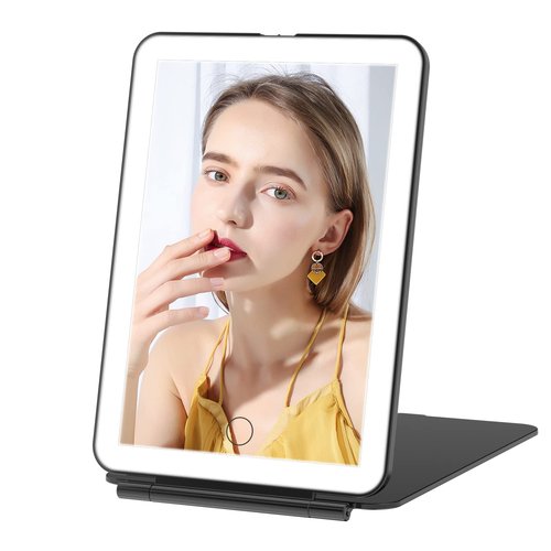 FUNTOUCH Rechargeable Travel Makeup Mirror with 72 Led Lights, Portable Makeup Mirror with Light,3 Color Lighting, Dimmable Touch Screen, Tabletop Folding Cosmetic Light up Travel Mirror