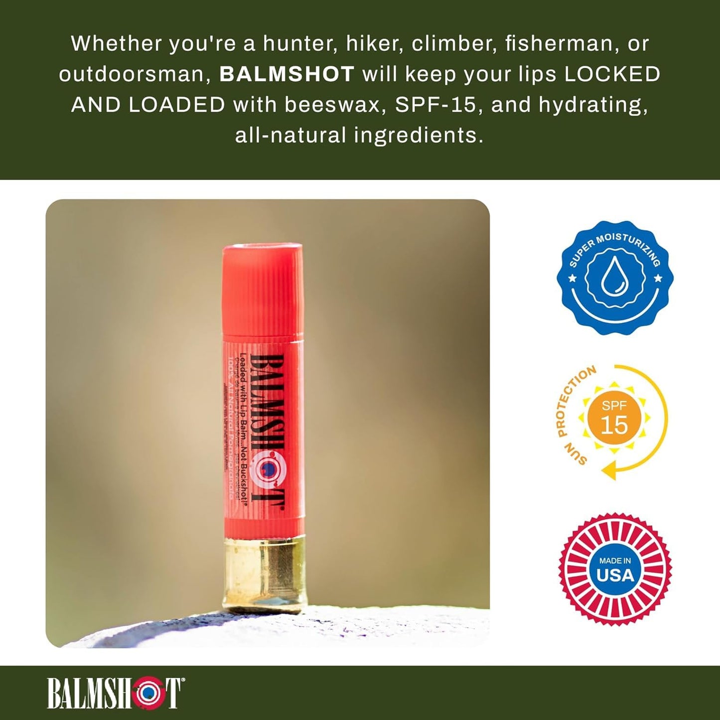BALMSHOT Pomegranate Lip Balm SPF 15 (2-Pack) – Natural Beeswax Chapstick, Moisturizing Lip Protector for Very Dry Lips, 20-Gauge Brass Shotgun Shell Case, Outdoor Heat Tolerant, Made in USA
