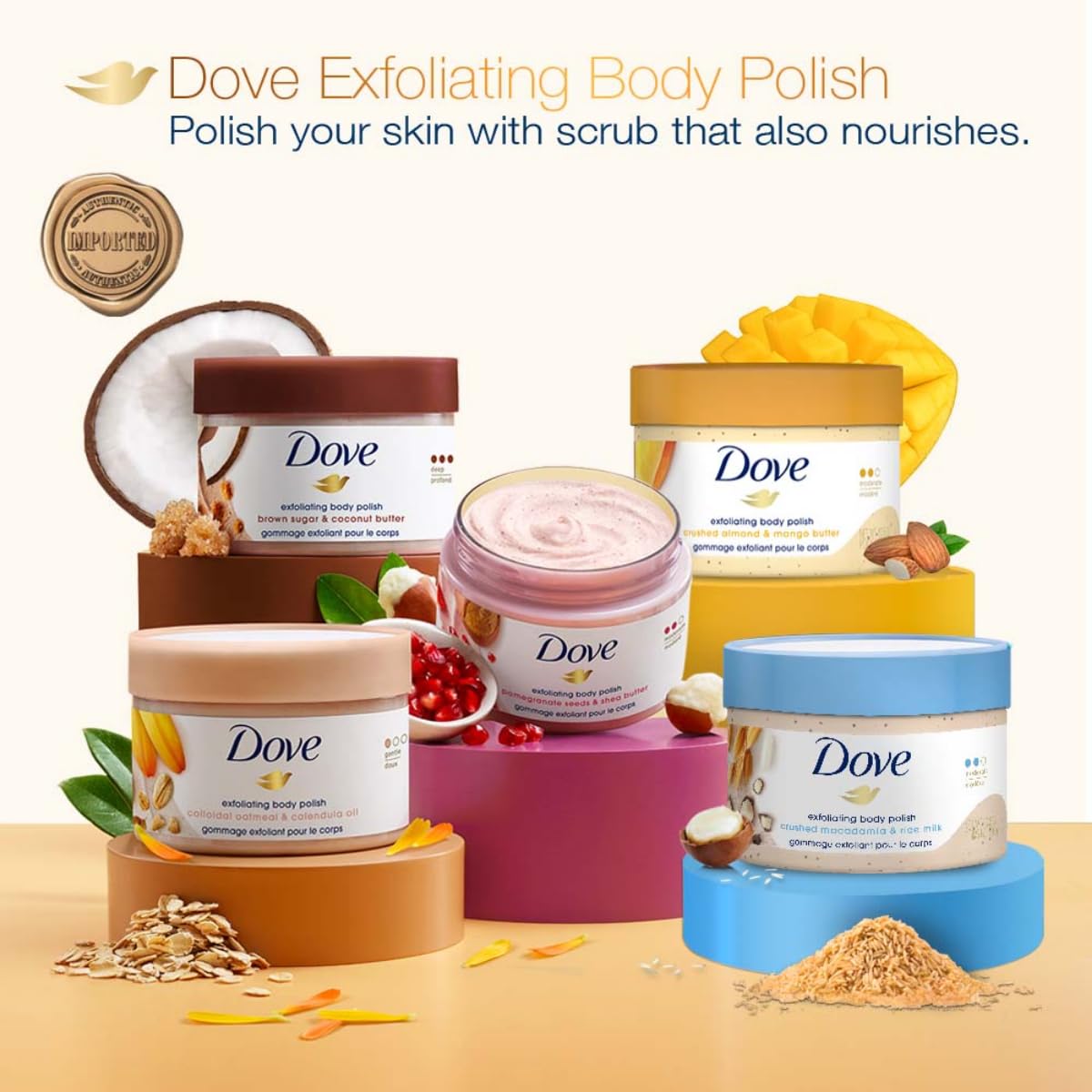 Dove Exfoliating Body Polish Scrub with Almond & Mango Butter - 10.5 oz (4 Count) for Dry Skin
