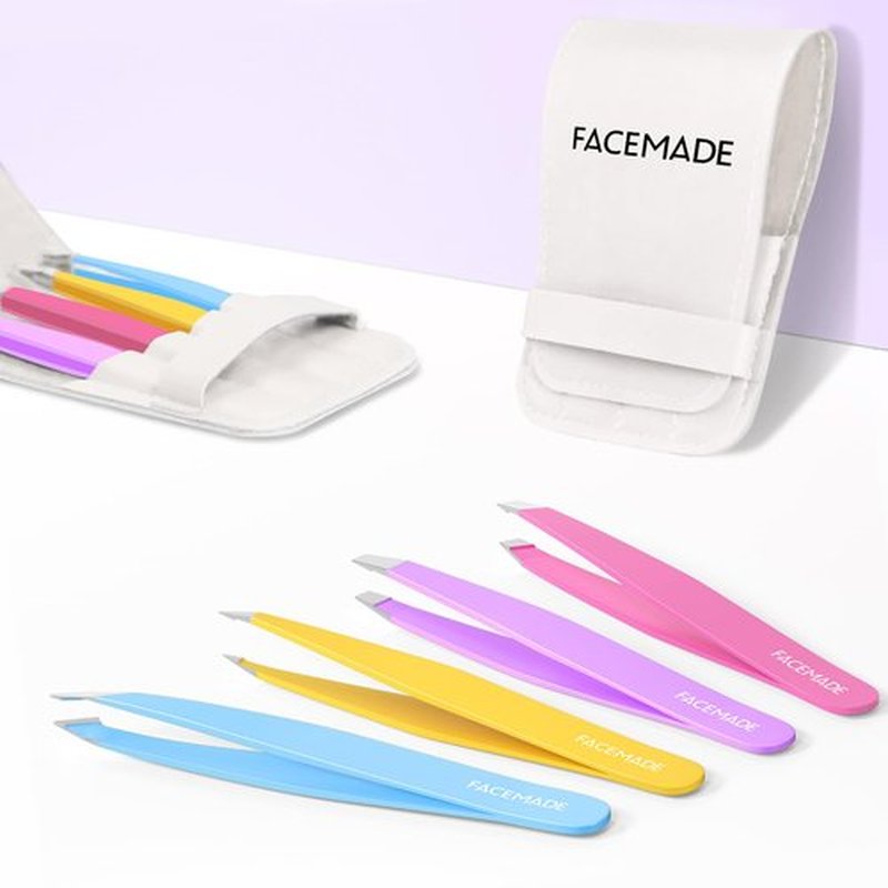 FACEMADE 4 Pack Tweezers Set - Professional Stainless Steel Tweezers for Men and Women, Precision Eyebrow Tweezers for Facial Hair, Chin, and Ingrown Hair Removal (Purple, Rose Red, Yellow & Blue)